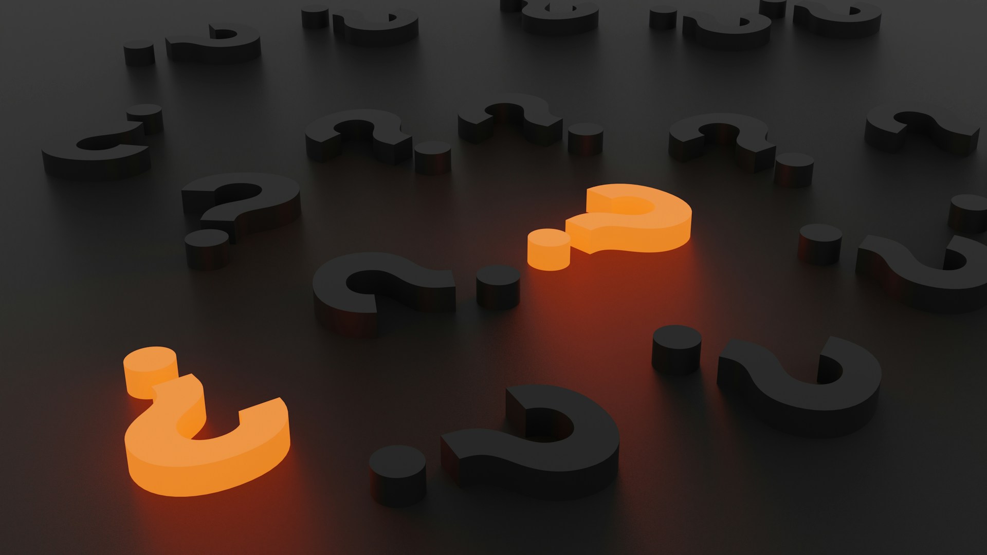 A digital illustration of scattered black and orange question marks