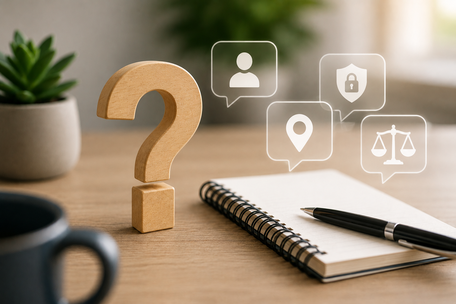 A conceptual image of a wooden question mark, a notebook and pen, and digital indicators of questions one should ask when choosing a polygraph examiner