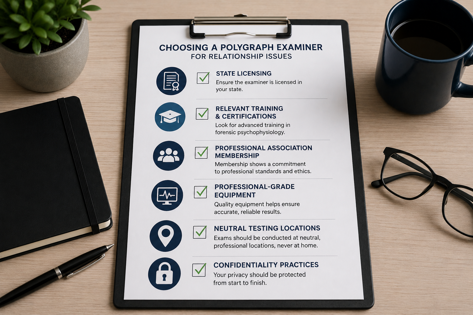 A checklist on a clipboard with qualities of a quality polygraph examiner