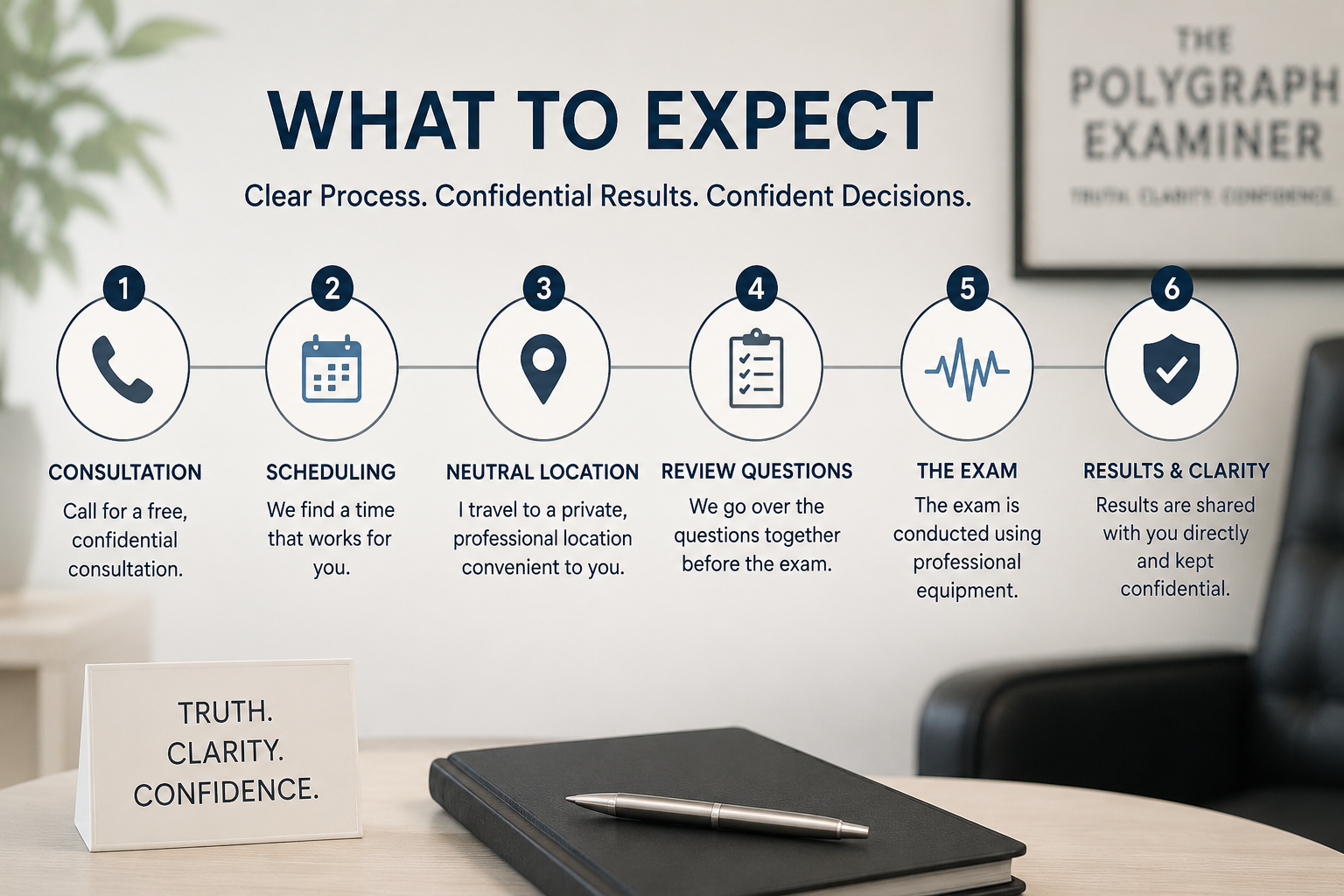 An infographic outlining the process of a polygraph exam with The Polygraph Examiner