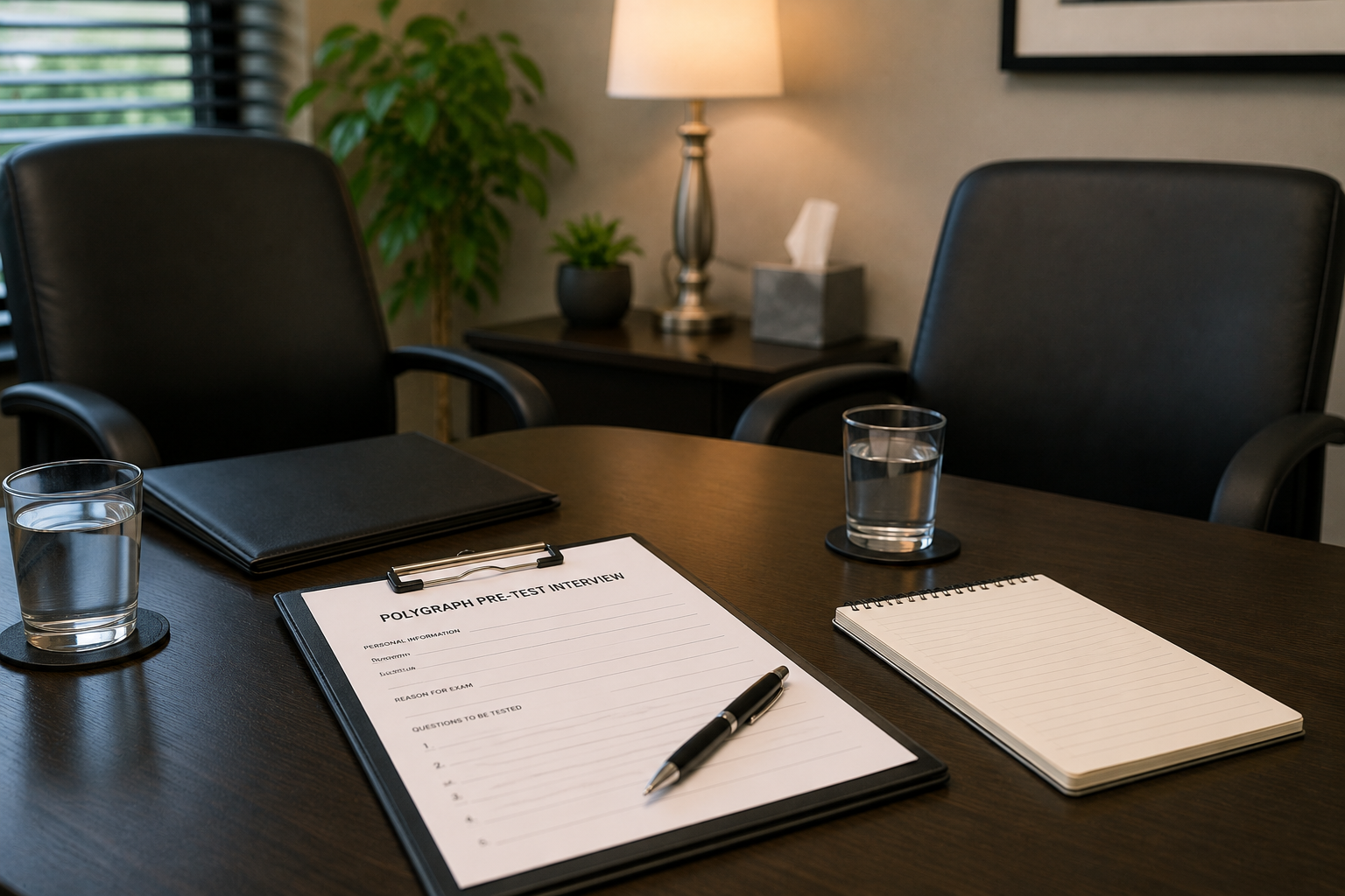 A clipboard, pre-test interview paperwork, and glasses of water on a conference table